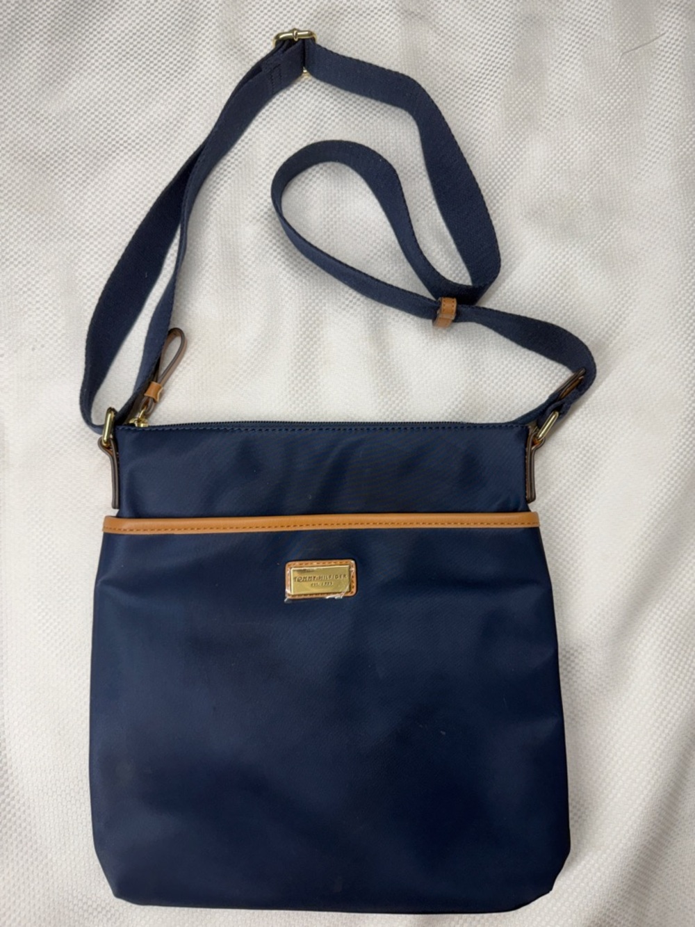 Tomy Hilfiger Navy Crossbody with Tan Trim and Gold Plaque
